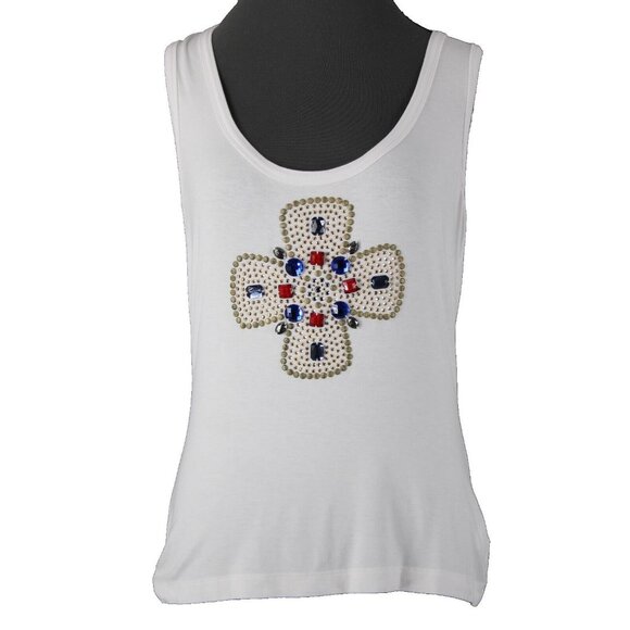 St John Jeans Sz M White Gold Studded Rhinestones Cross Rayon Spandex Tank Top - Picture 1 of 16